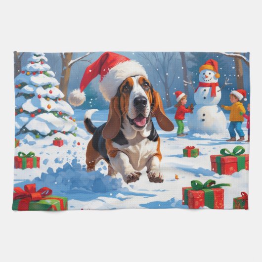 Basset Hound Kerst Feestelijke Sneeuwscène Theedoek (Horizontaal)