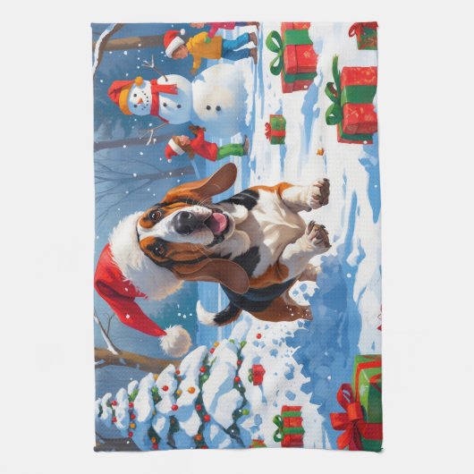 Basset Hound Kerst Feestelijke Sneeuwscène Theedoek (Verticaal)