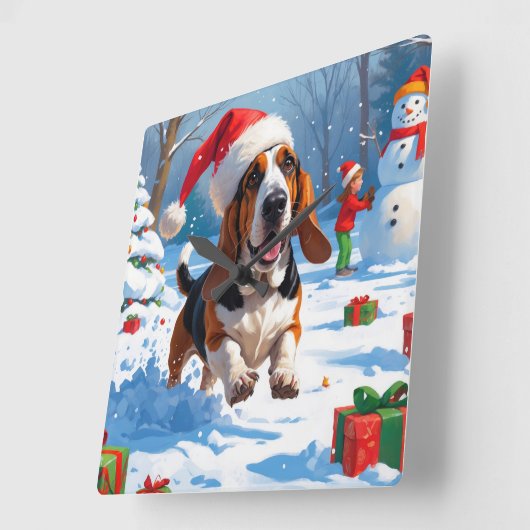 Basset Hound Kerst Feestelijke Sneeuwscène Vierkante Klok (Hoek)