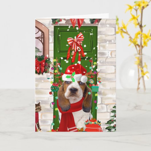 Basset Hound Kerst Kaart (Gele Bloem)