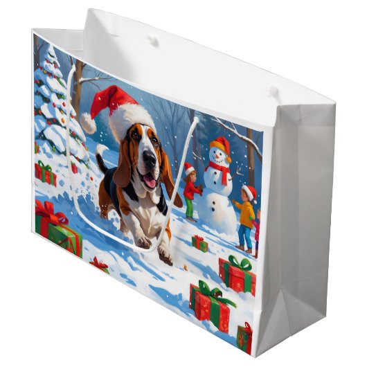 Basset Hound Kerst Sneeuwscène Groot Cadeauzakje (Voorkant Gekanteld)
