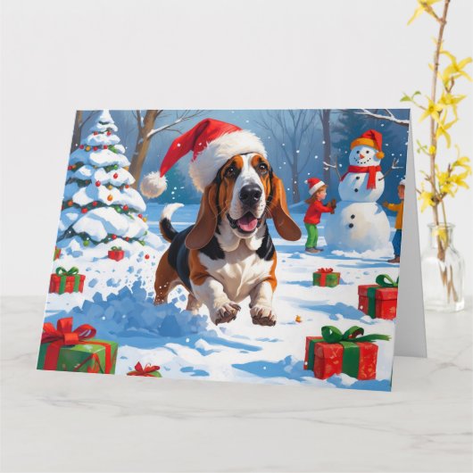 Basset Hound Kerst Sneeuwscène Kaart (Gele Bloem)