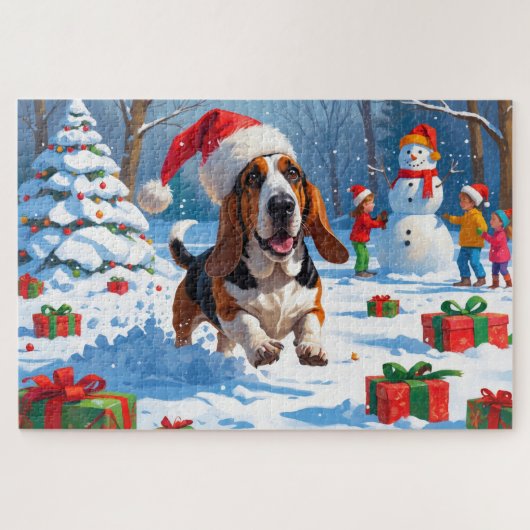 Basset Hound Kerst Sneeuwscène Legpuzzel (Horizontaal)