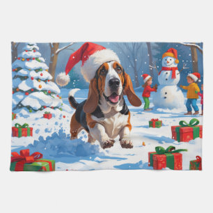 Basset Hound Kerst Sneeuwscène Theedoek