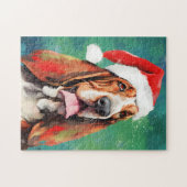 Basset Hound Kerstborstel schilderen kunstwerk Legpuzzel (Horizontaal)