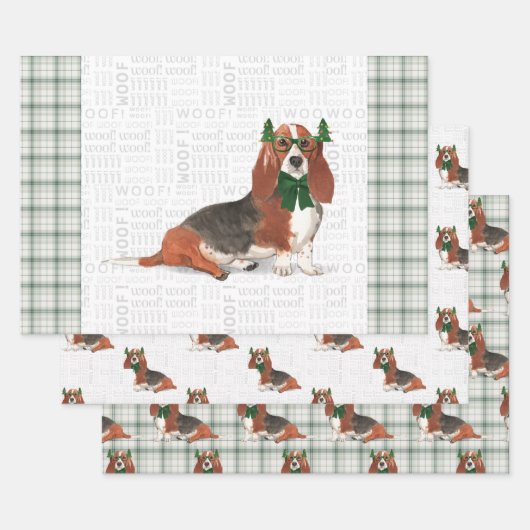 Basset Hound Kersthond en Green Holiday Pset Inpakpapier Vel (Set)