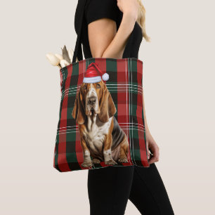Basset Hound Kersthond Rood Seizoensgebonden Plaid Tote Bag