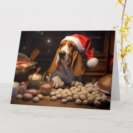 Basset Hound Kerstkoekjes Feestelijke vakantie Kaart (Gele Bloem)