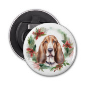 Basset Hound Kerstkrans Feestelijke Pup Button Flesopener (Voorkant)