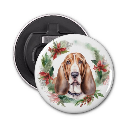 Basset Hound Kerstkrans Feestelijke Pup Button Flesopener (Voorkant)