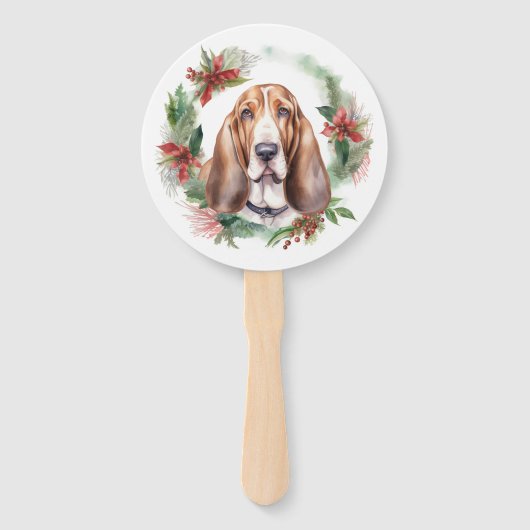 Basset Hound Kerstkrans Feestelijke Pup Handwaaier (Achterkant)