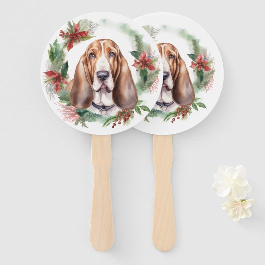 Basset Hound Kerstkrans Feestelijke Pup Handwaaier (Voorkant en achterkant)