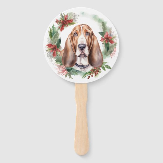 Basset Hound Kerstkrans Feestelijke Pup Handwaaier (Voorkant)