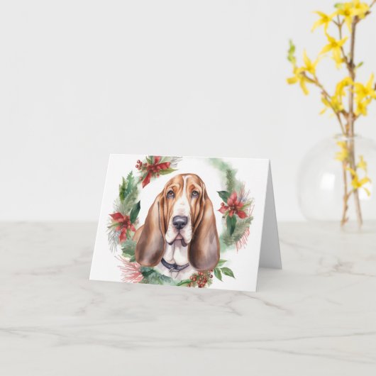Basset Hound Kerstkrans Feestelijke Pup Kaart (Gele Bloem)