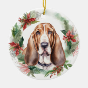 Basset Hound Kerstkrans Feestelijke Pup Keramisch Ornament