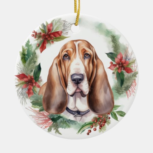 Basset Hound Kerstkrans Feestelijke Pup Keramisch Ornament (Voorkant)