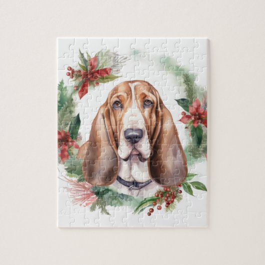 Basset Hound Kerstkrans Feestelijke Pup Legpuzzel (Verticaal)