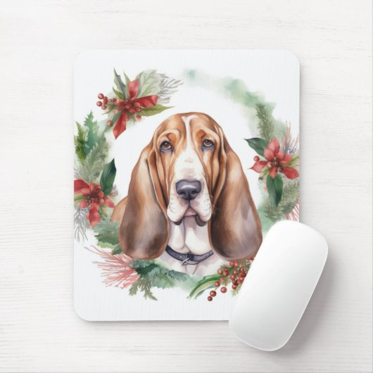 Basset Hound Kerstkrans Feestelijke Pup Muismat (Met muis)