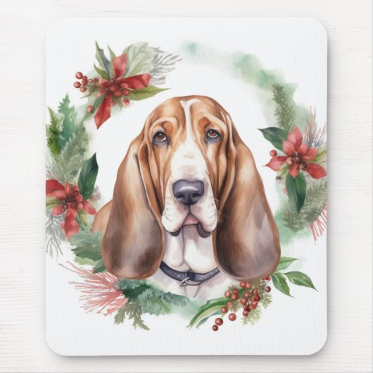 Basset Hound Kerstkrans Feestelijke Pup Muismat (Voorkant)