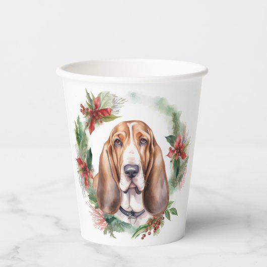 Basset Hound Kerstkrans Feestelijke Pup Papieren Bekers (Voorkant)