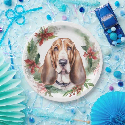 Basset Hound Kerstkrans Feestelijke Pup Papieren Bordje (Feest)