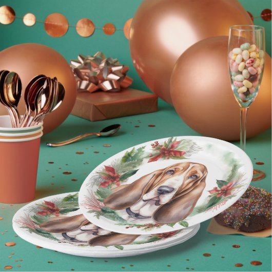 Basset Hound Kerstkrans Feestelijke Pup Papieren Bordje (Multi)