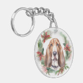 Basset Hound Kerstkrans Feestelijke Pup Sleutelhanger (Voorkant Links)