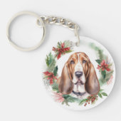 Basset Hound Kerstkrans Feestelijke Pup Sleutelhanger (Voorkant)