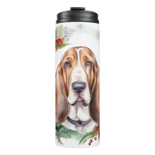 Basset Hound Kerstkrans Feestelijke Pup Thermosbeker (Voorkant)