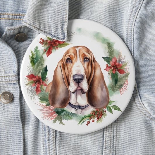 Basset Hound Kerstkrans Festieve Pup Ronde Button 6,0 Cm (In situ)