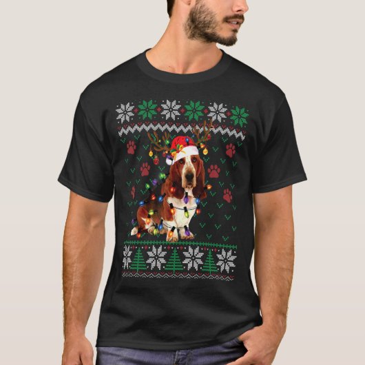 Basset Hound kerstlampjes Santa Dog Ugly Swea T-shirt (Voorkant)
