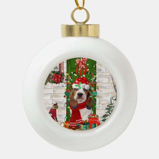 Basset Hound Kerstmis Keramische Bal Ornament (Voorkant)