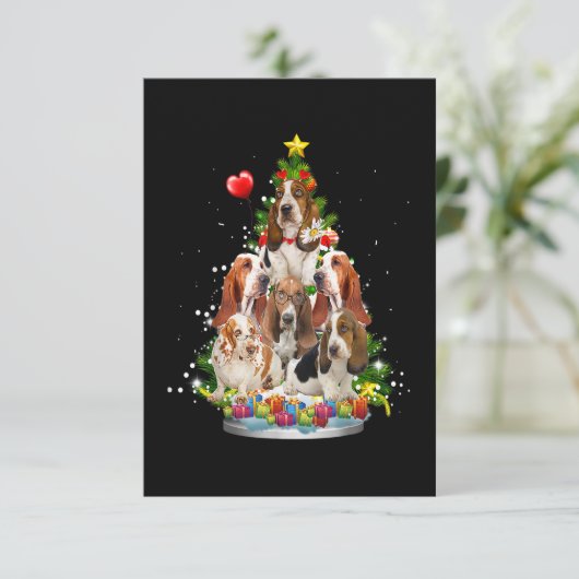Basset hound Kerstmis Ornament Santa Hat Xma RSVP Kaartje (Staand voorkant)