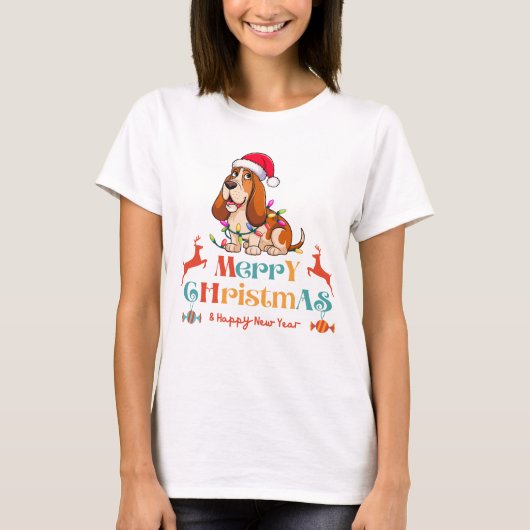 Basset Hound Kerstverlichting Kersthonden Cadeaus T-shirt (Voorkant)