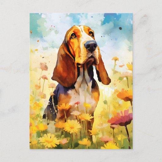 Basset Hound kleurrijke waterverf kunstwerk Briefkaart (Voorkant)
