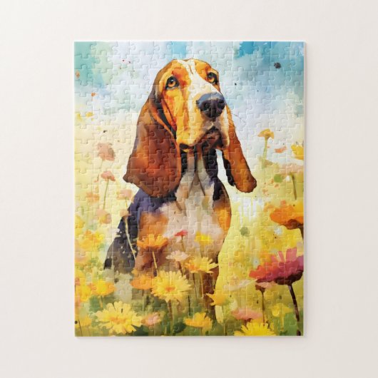 Basset Hound kleurrijke waterverf kunstwerk Legpuzzel (Verticaal)