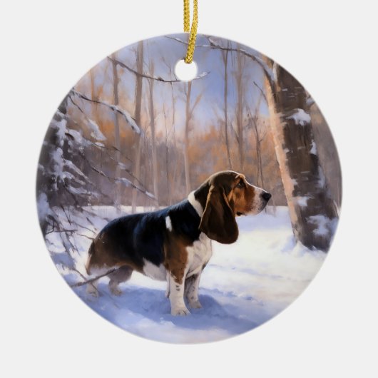 Basset Hound Laat Het Sneeuw Kerstmis Keramisch Ornament (Voorkant)