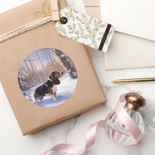 Basset Hound Laat Het Sneeuw Kerstmis Ronde Sticker (Geschenken)