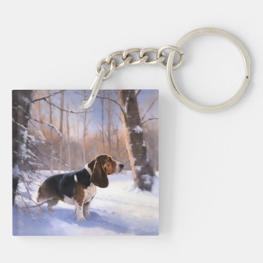 Basset Hound Laat Het Sneeuw Kerstmis Sleutelhanger (Achterkant)