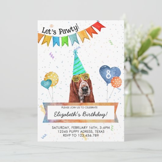 Basset Hound Laat Pawty Hond Verjaardagsfeestje Kaart (Staand voorkant)