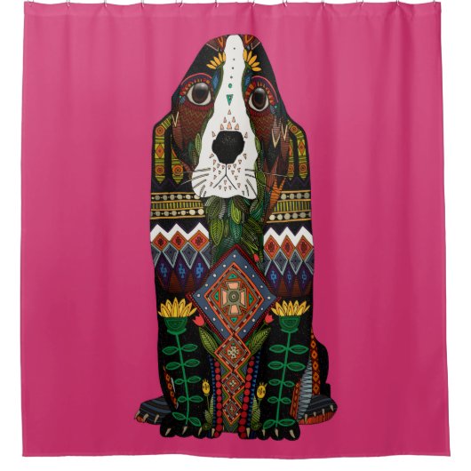 Basset Hound love fuchsia roze Douchegordijn (Voorkant)