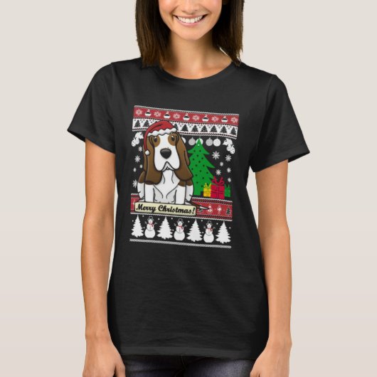 Basset Hound Merry Christmas Tree Dog Xmas Snow Sa T-shirt (Voorkant)