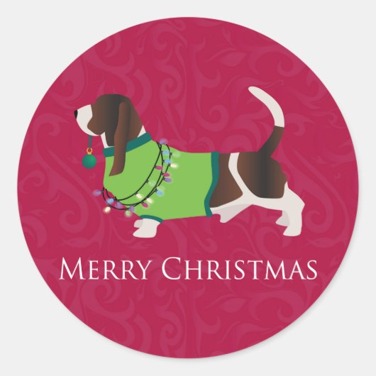 Basset Hound Merry-kerstontwerp Ronde Sticker (Voorkant)