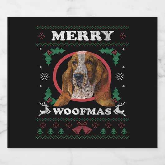 Basset Hound Merry Woofmas Christmas Dog Gift Sparkling Wijnetiket (Enkel label)