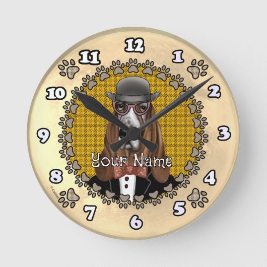 Basset Hound met bril Ronde Klok (Voorkant)