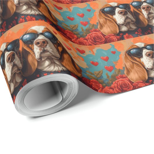 Basset Hound Met Hart Rozen Valentijnsdag Cadeaupapier (Rol Hoek)