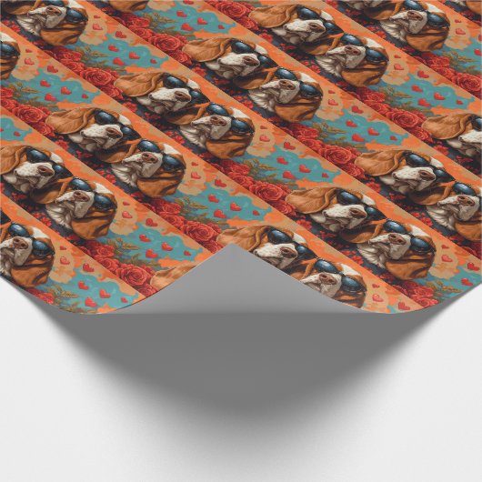 Basset Hound Met Hart Rozen Valentijnsdag Cadeaupapier (Hoek)