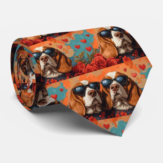 Basset Hound Met Hartrozen Valentijnsdag  Stropdas (Opgerold)