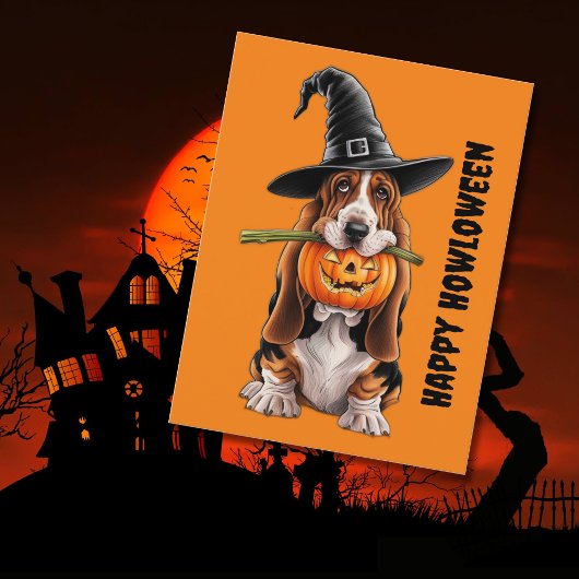 Basset hound met heksen pet en pompoen briefkaart