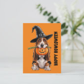 Basset hound met heksen pet en pompoen briefkaart (Staand voorkant)